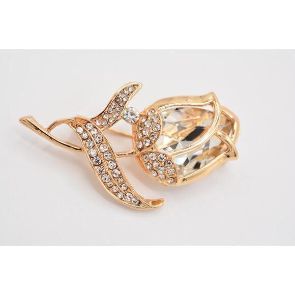 Statement Crystal Rose Pin Brooch Sparkling Rhinestone Gold Tone BinAQ - Picture 4 of 12